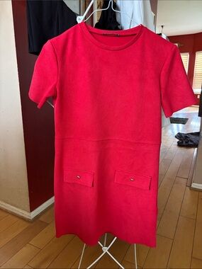 Zara Bright Red Short-Sleeve Pocket Dress